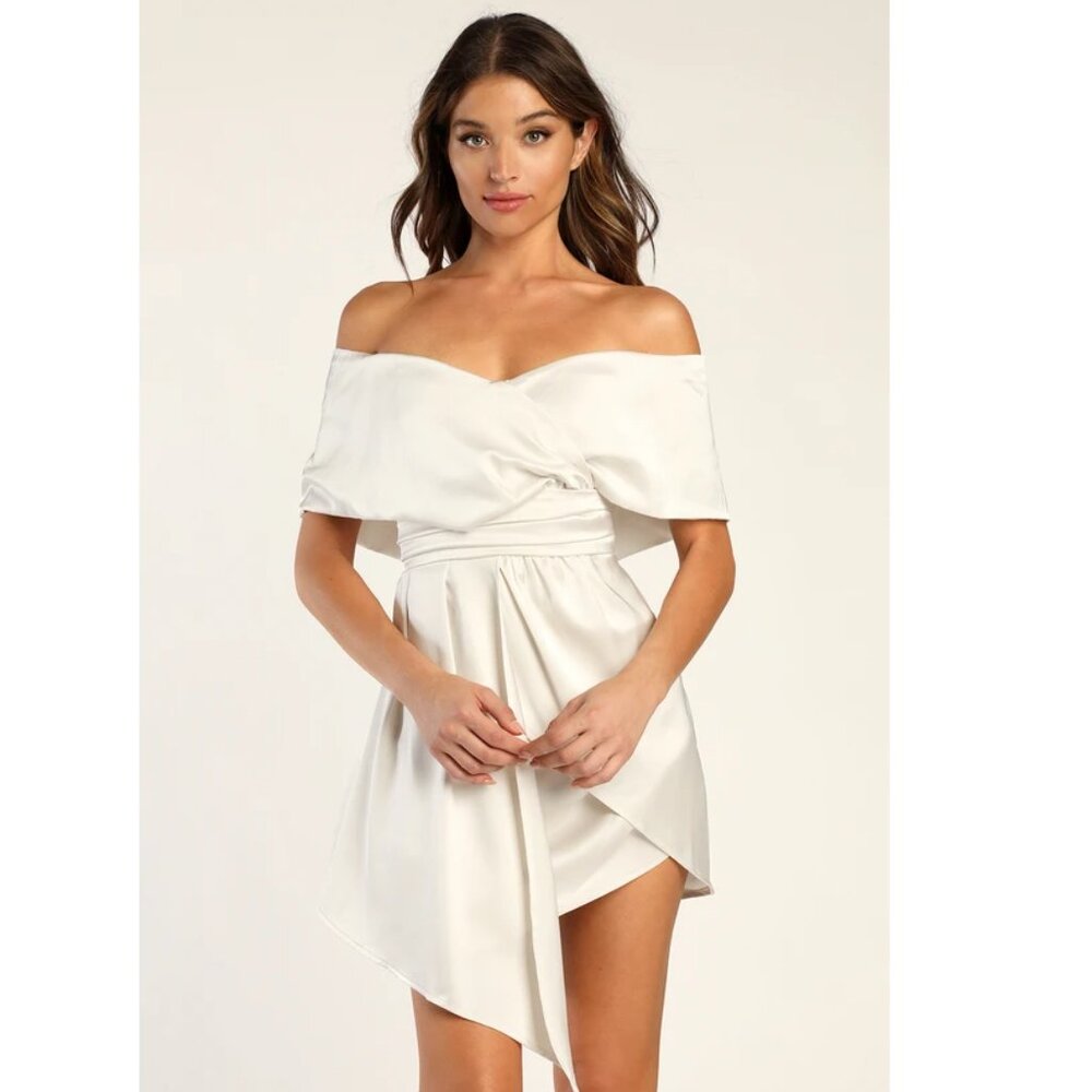 Lulus Champagne Always Celebrating Satin Off Shoulder Mini, #1421476, Sz XL, $56